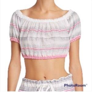 lemlem Cropped‎ Puff Blouse Silver Pink Small Sparkly Lightweight Off Shoulder